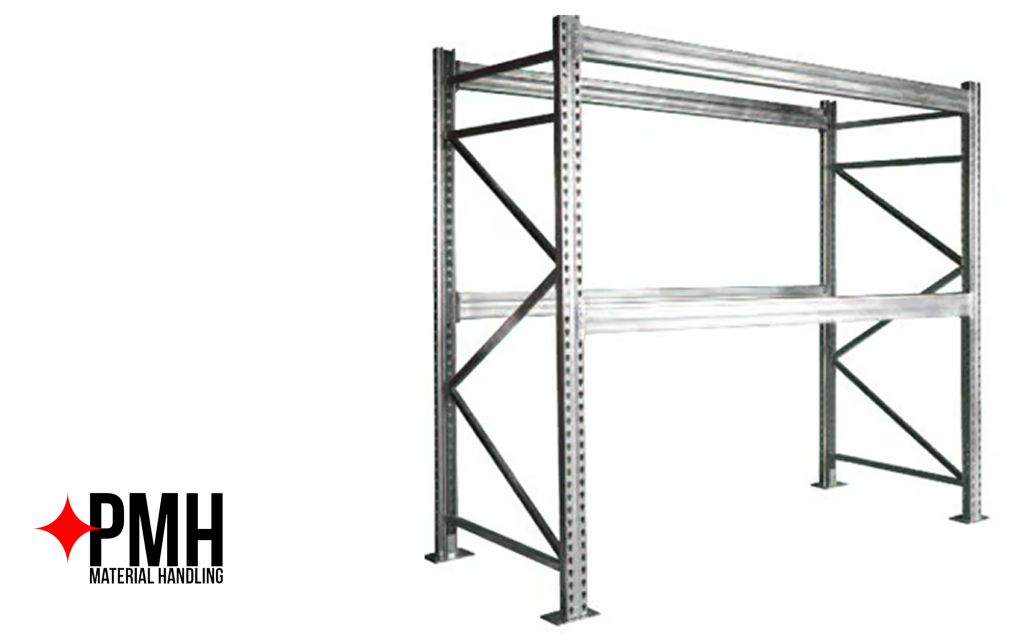 Two-level steel pallet racking unit with upright frames and horizontal beams on a white background — PMH Material Handling