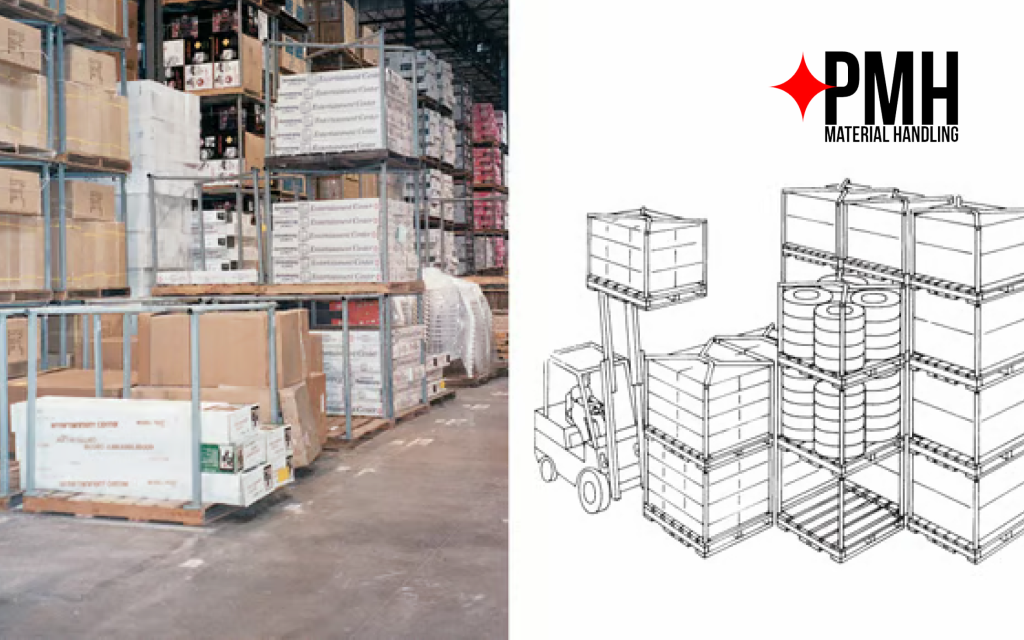 Warehouse photo of boxed goods stored in steel stacking frames alongside a line drawing diagram of a forklift loading pallets into stacking frames — PMH Material Handling